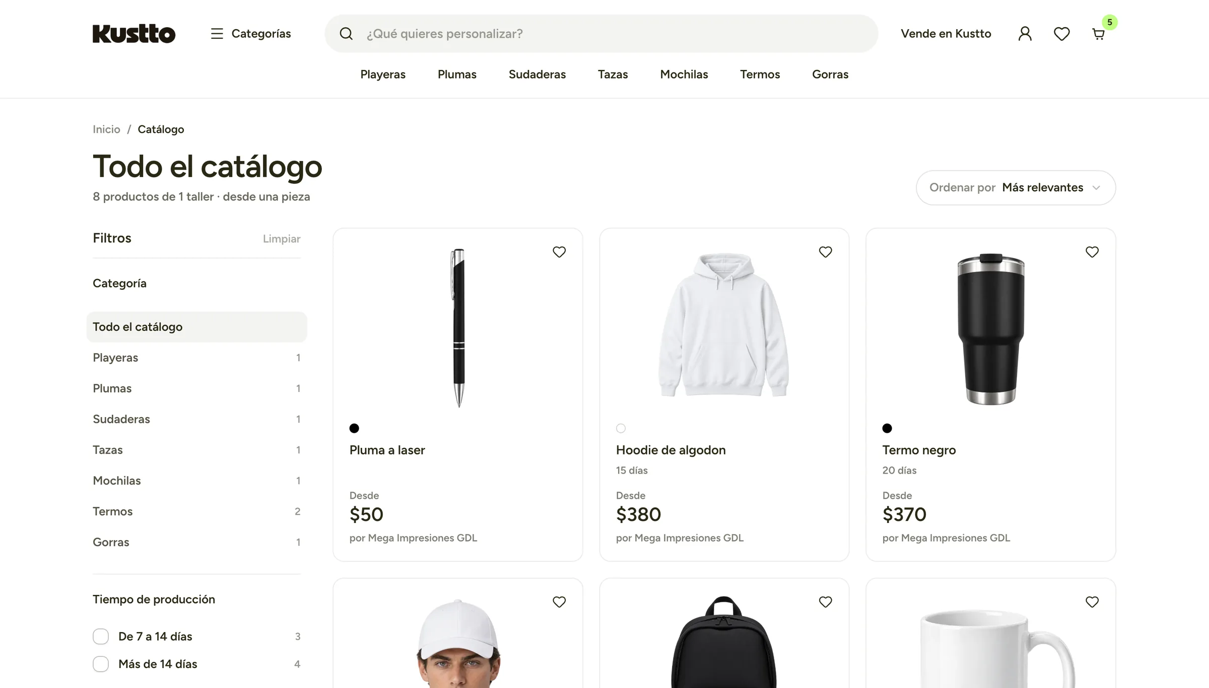 Catalog with filters by category and production time
