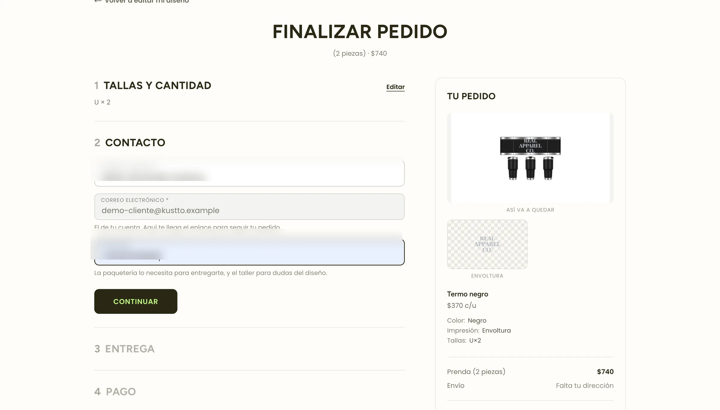 Checkout with contact, delivery and order summary