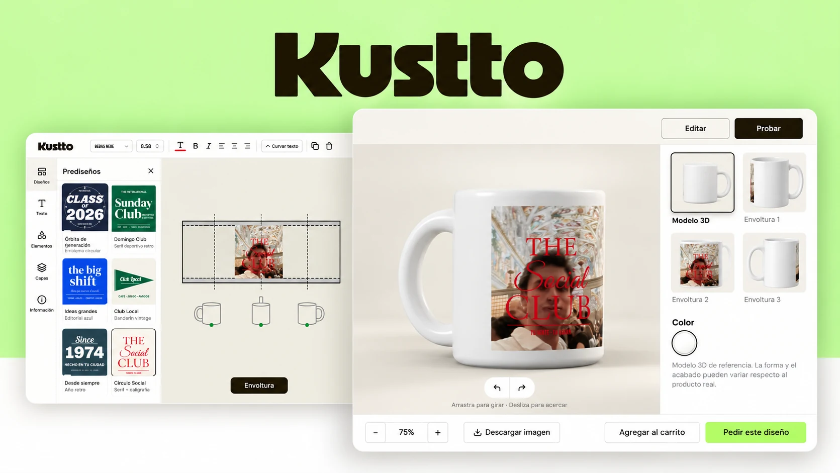 Kustto editor with mug presets next to the 3D try-on view