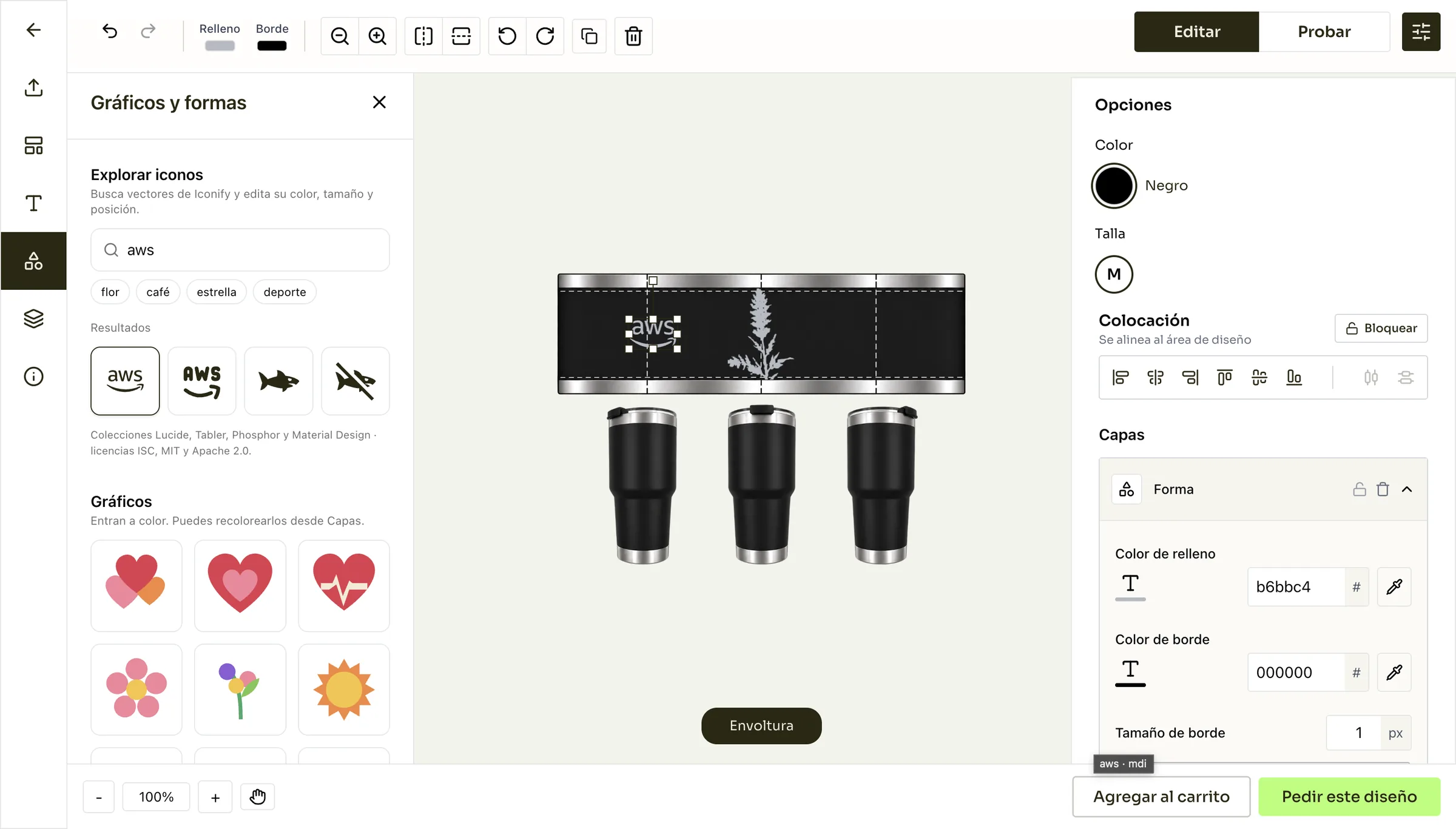 Add a logo from the icon search. Searching «aws» returns vectors from open icon collections. Once added, the logo turns silver like everything else on a laser product.