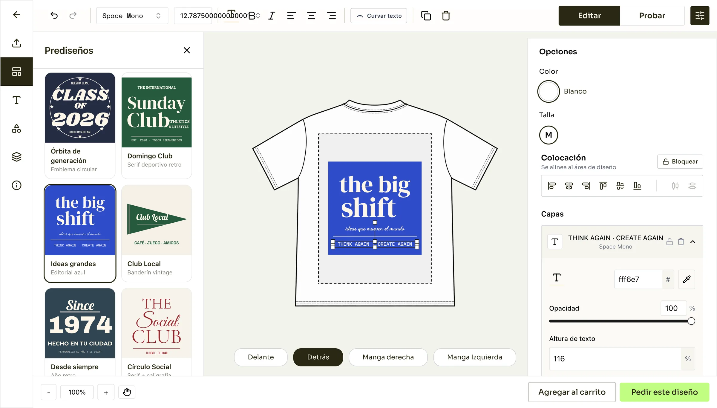 Back: an editable preset. Switching to Detrás opens a second canvas. The «the big shift» preset is plain text and shapes, so its words, fonts and colors can be changed from the Layers panel.