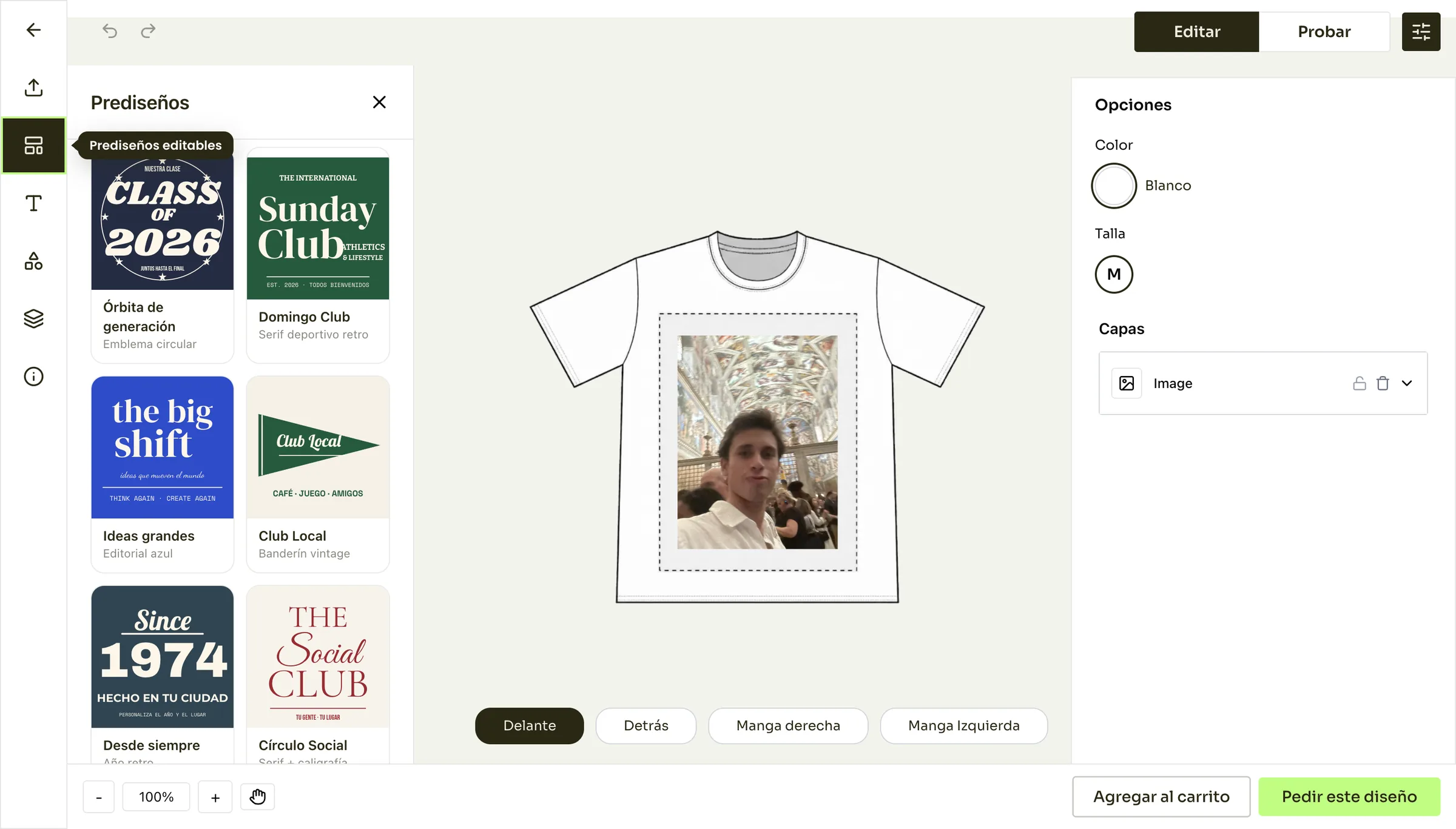 Front: a photo inside the print area. The dashed rectangle is the printable area from the garment template. The photo snaps to it and cannot be dragged outside.