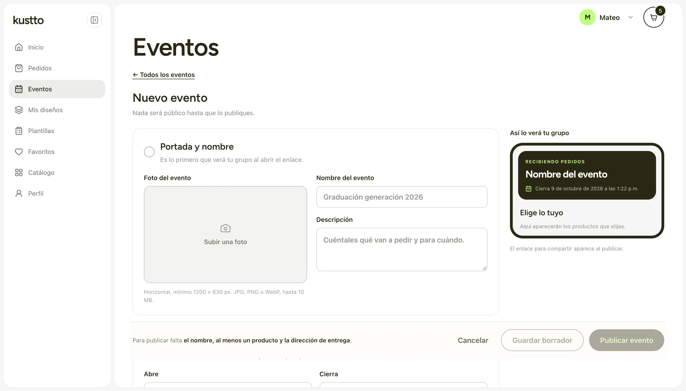 Creating a new group event with a live preview