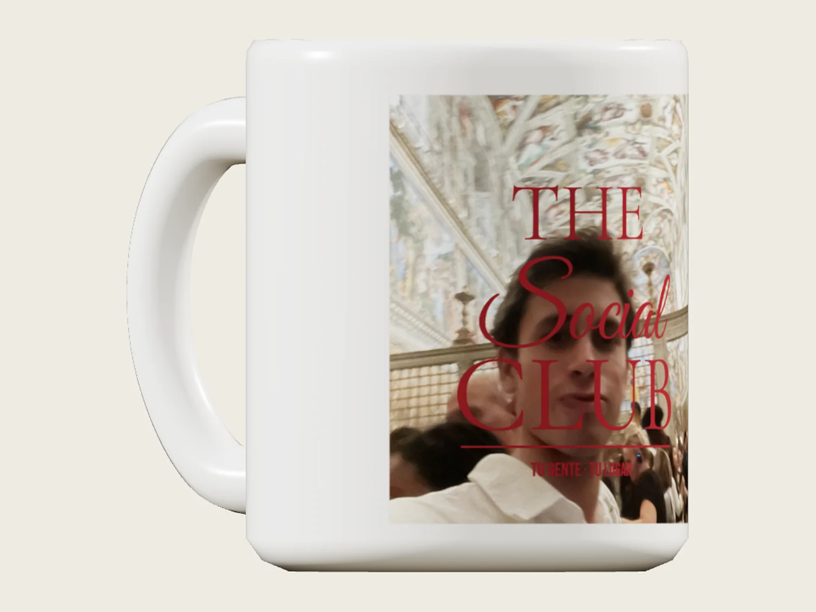 The wrap on a 3D mug. The flat wrap is bent around a cylinder, so the design curves away toward the edges the way it would on the real mug.