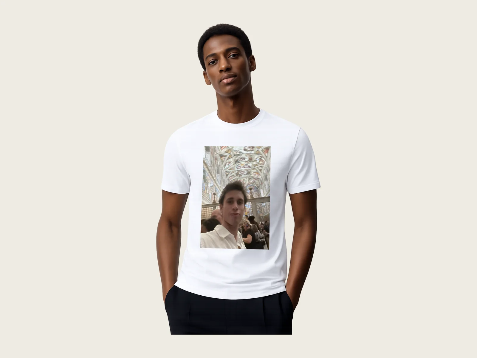 The workshop's own photo. The same front design projected onto a real photo the workshop uploaded, following the shirt's perspective.