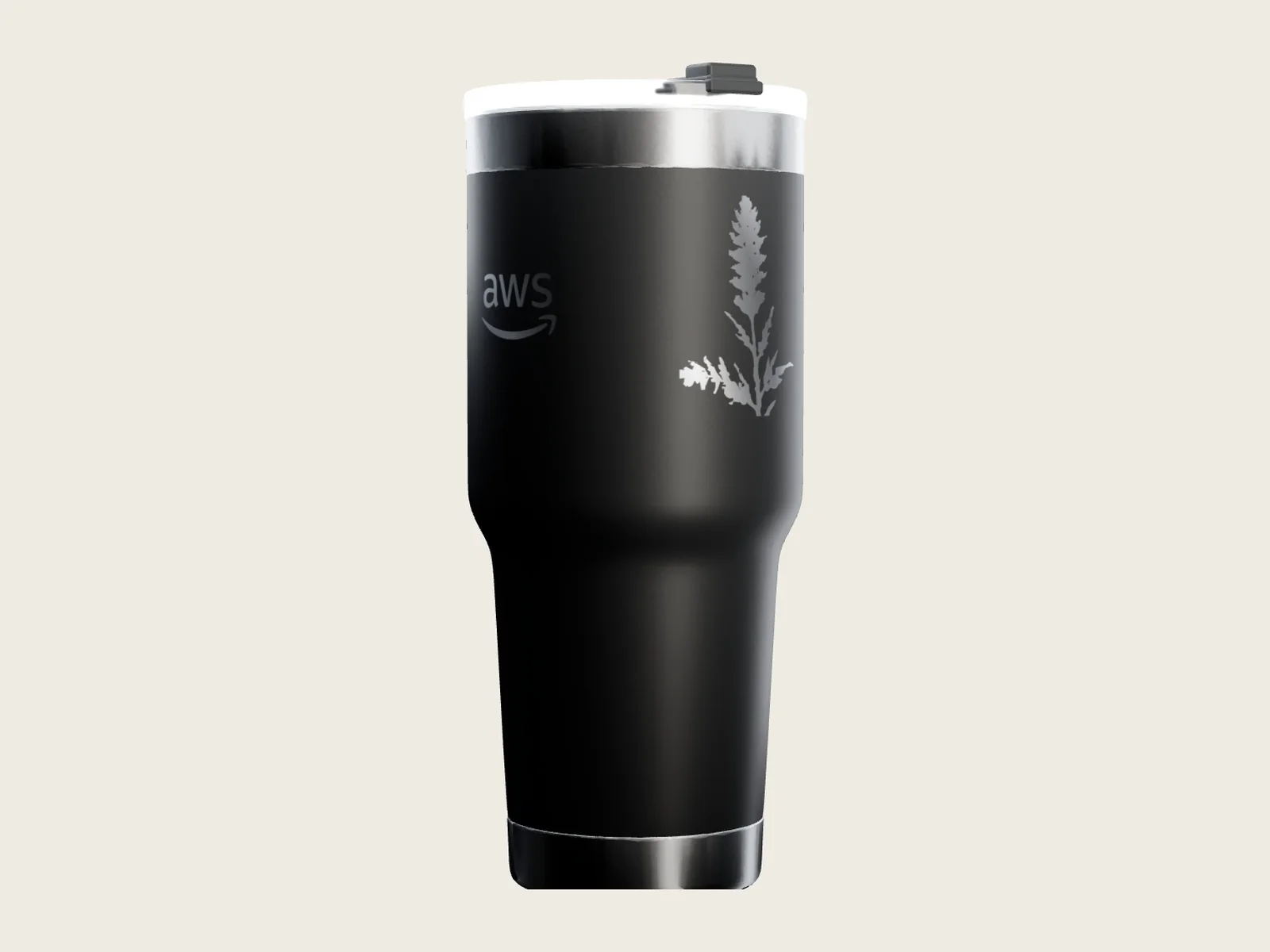 3D model. The logo sits further along the wrap than the plant, so it curves away at the edge and comes into view as the buyer rotates the tumbler.