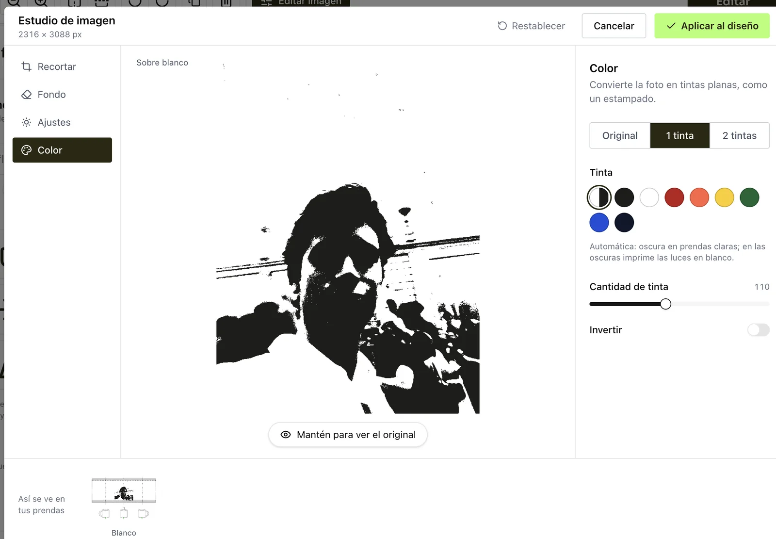 One ink. The Color tab turns the photo into flat inks, the way screen printing reproduces it, with a live preview on the garment at the bottom.