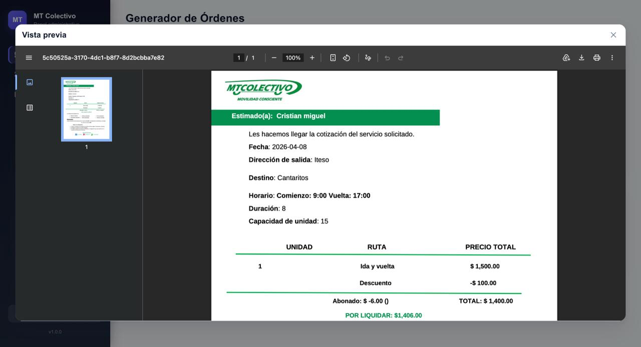 MT Colectivo generated service order